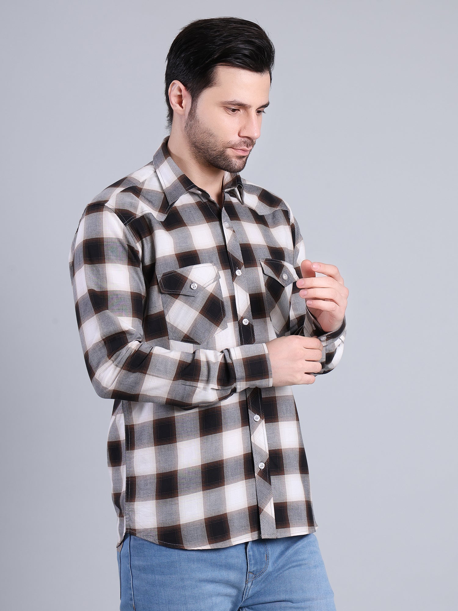 Stylox Men's Regular Fit Double Chest Pocket Check Casual Shirt (Brown)