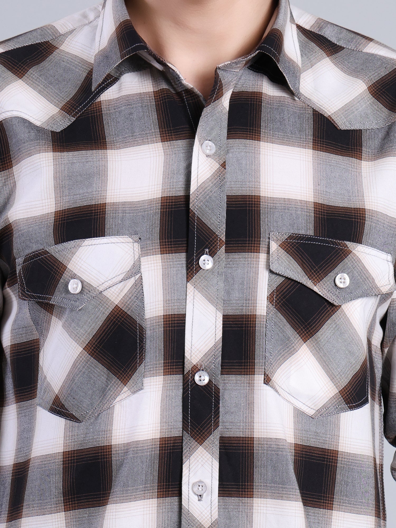 Stylox Men's Regular Fit Double Chest Pocket Check Casual Shirt (Brown)