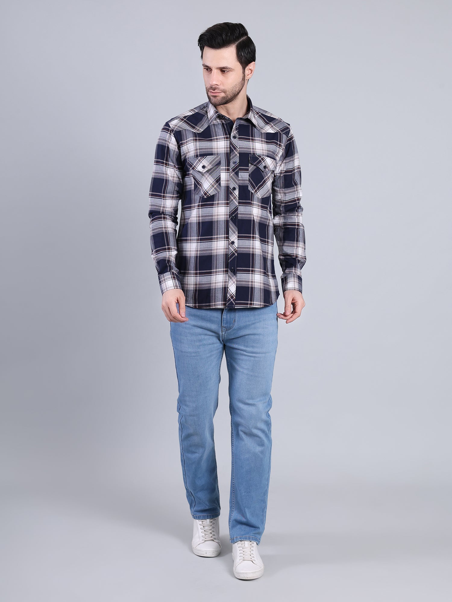 Stylox Men's Regular Fit Double Chest Pocket Check Casual Shirt (Navy)