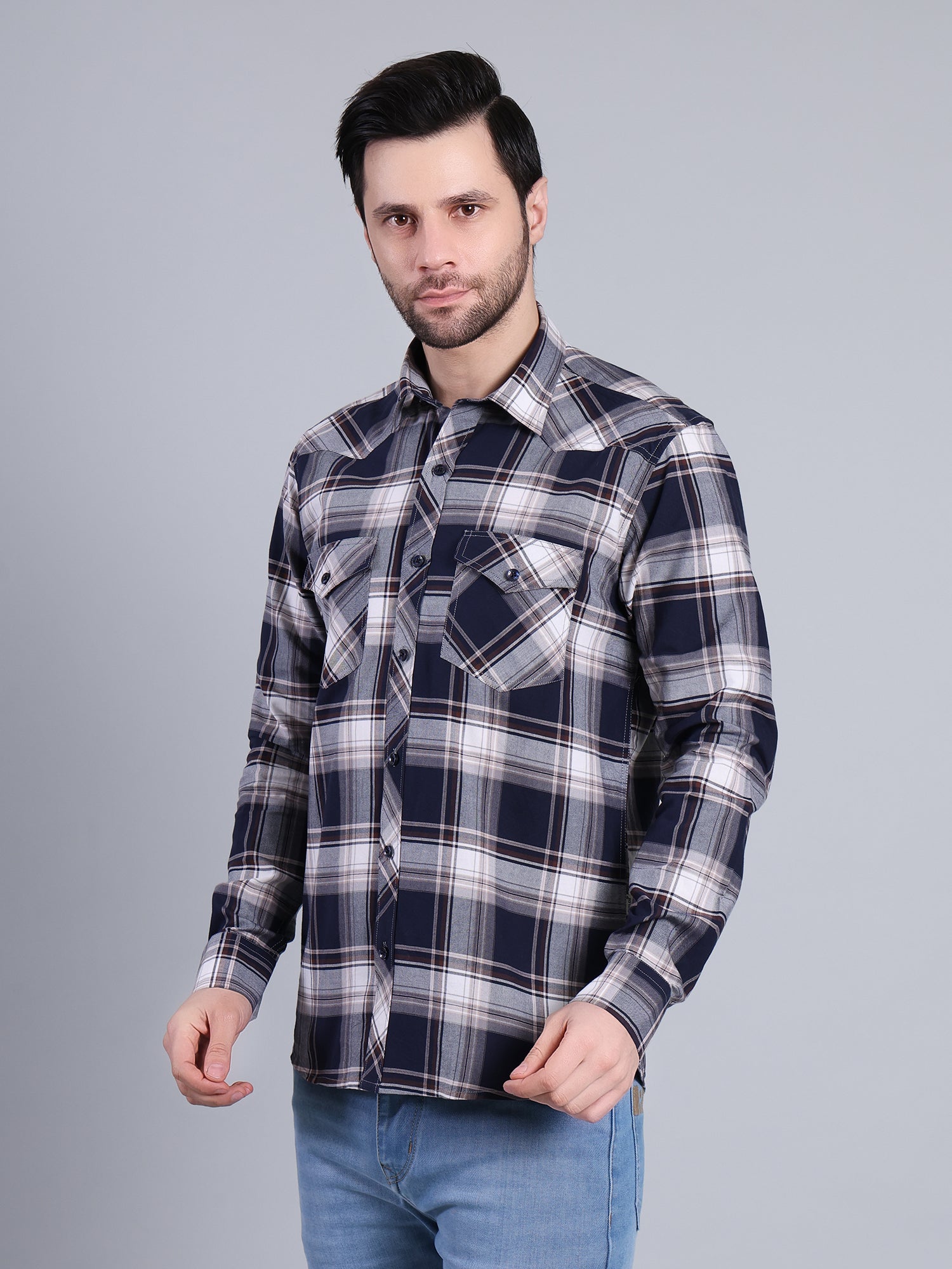 Stylox Men's Regular Fit Double Chest Pocket Check Casual Shirt (Navy)