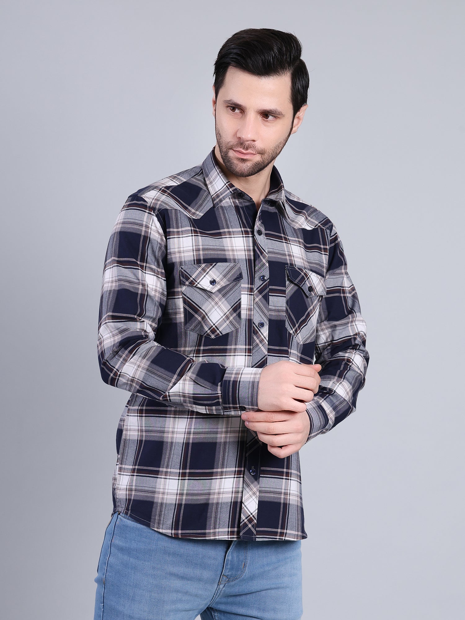 Stylox Men's Regular Fit Double Chest Pocket Check Casual Shirt (Navy)