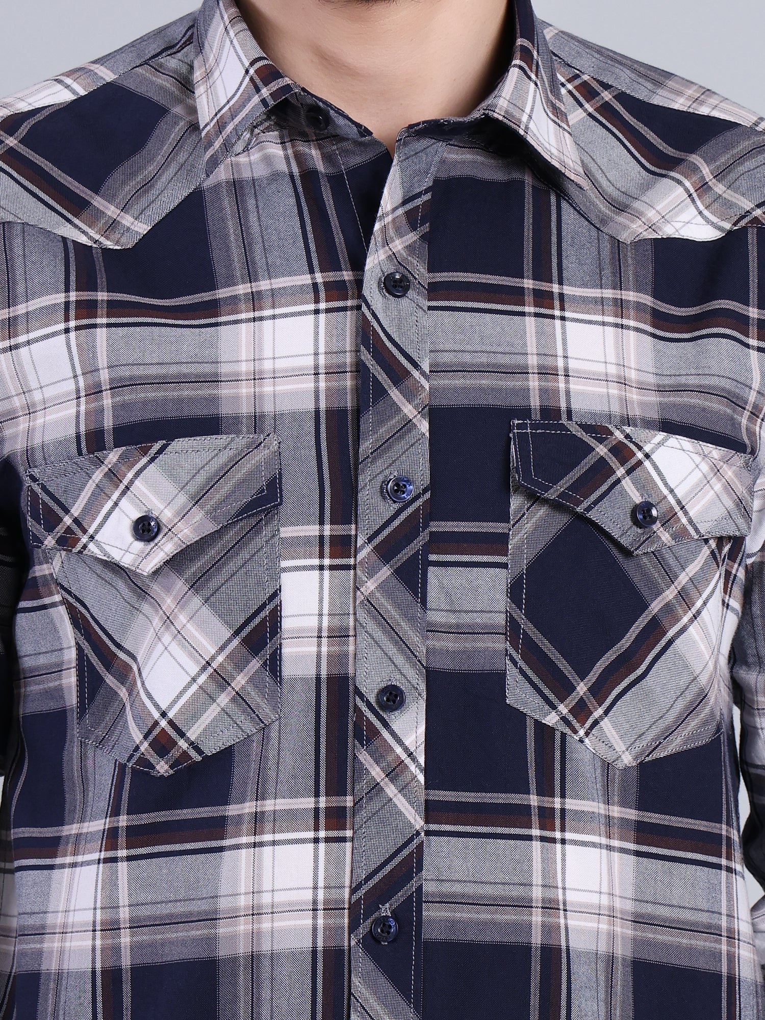 Stylox Men's Regular Fit Double Chest Pocket Check Casual Shirt (Navy)