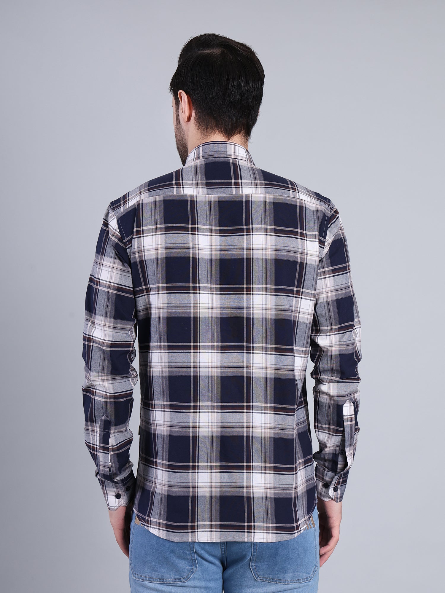 Stylox Men's Regular Fit Double Chest Pocket Check Casual Shirt (Navy)