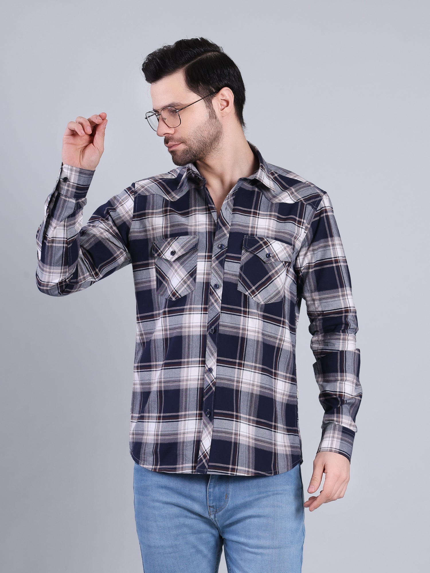 Stylox Men's Regular Fit Double Chest Pocket Check Casual Shirt (Navy)