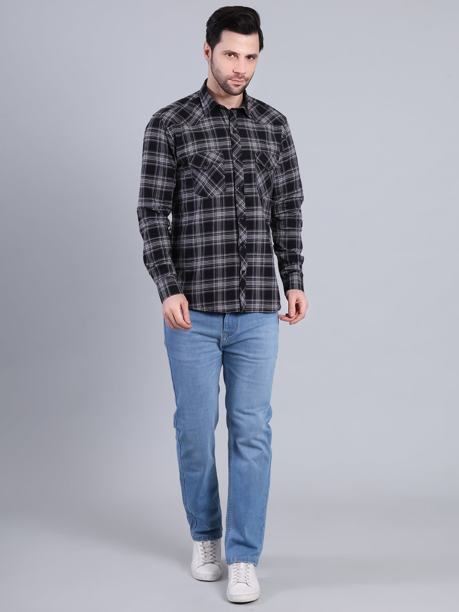 Stylox Men's Regular Fit Double Chest Pocket Check Casual Shirt (Black)