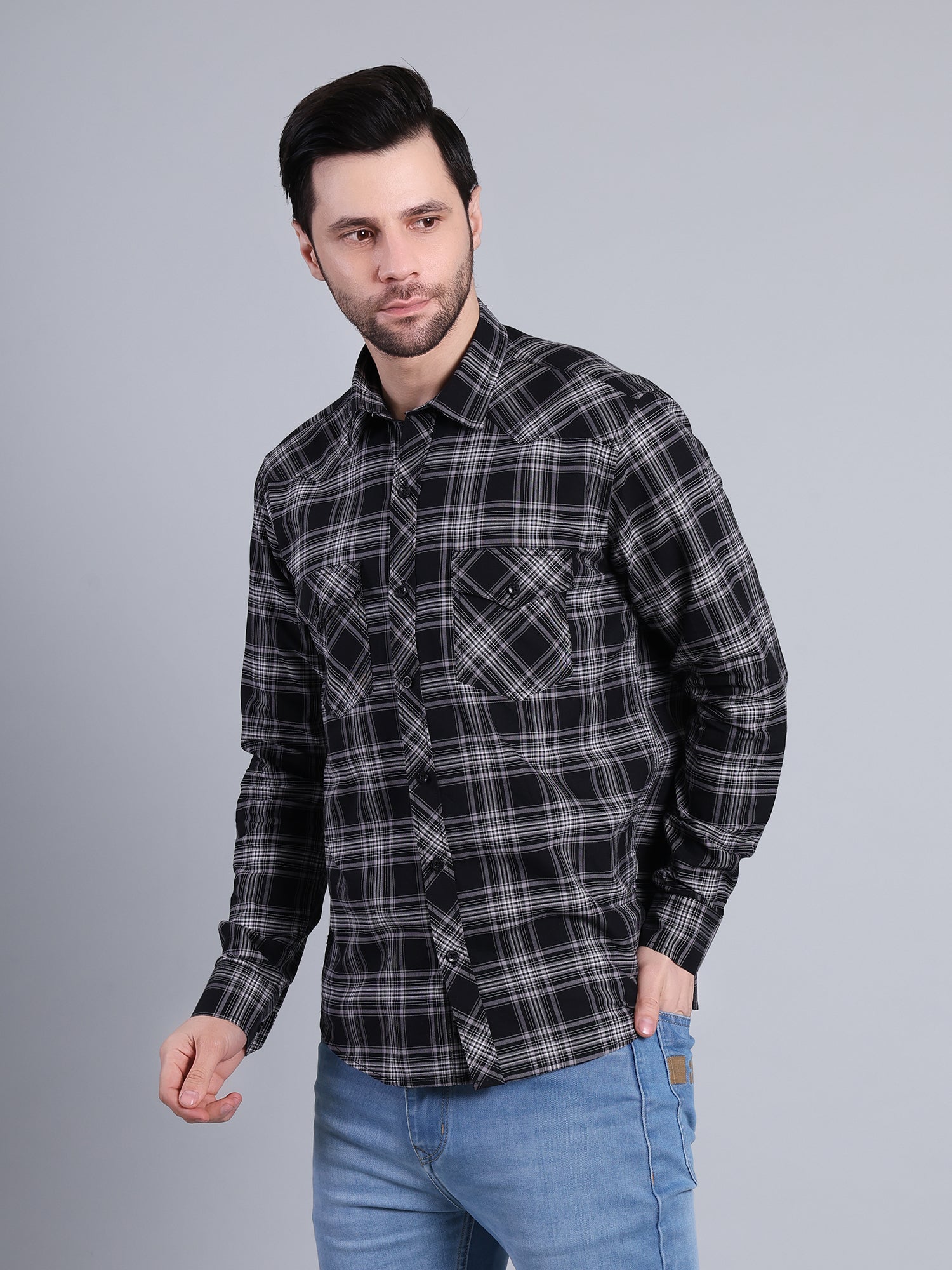 Stylox Men's Regular Fit Double Chest Pocket Check Casual Shirt (Black)