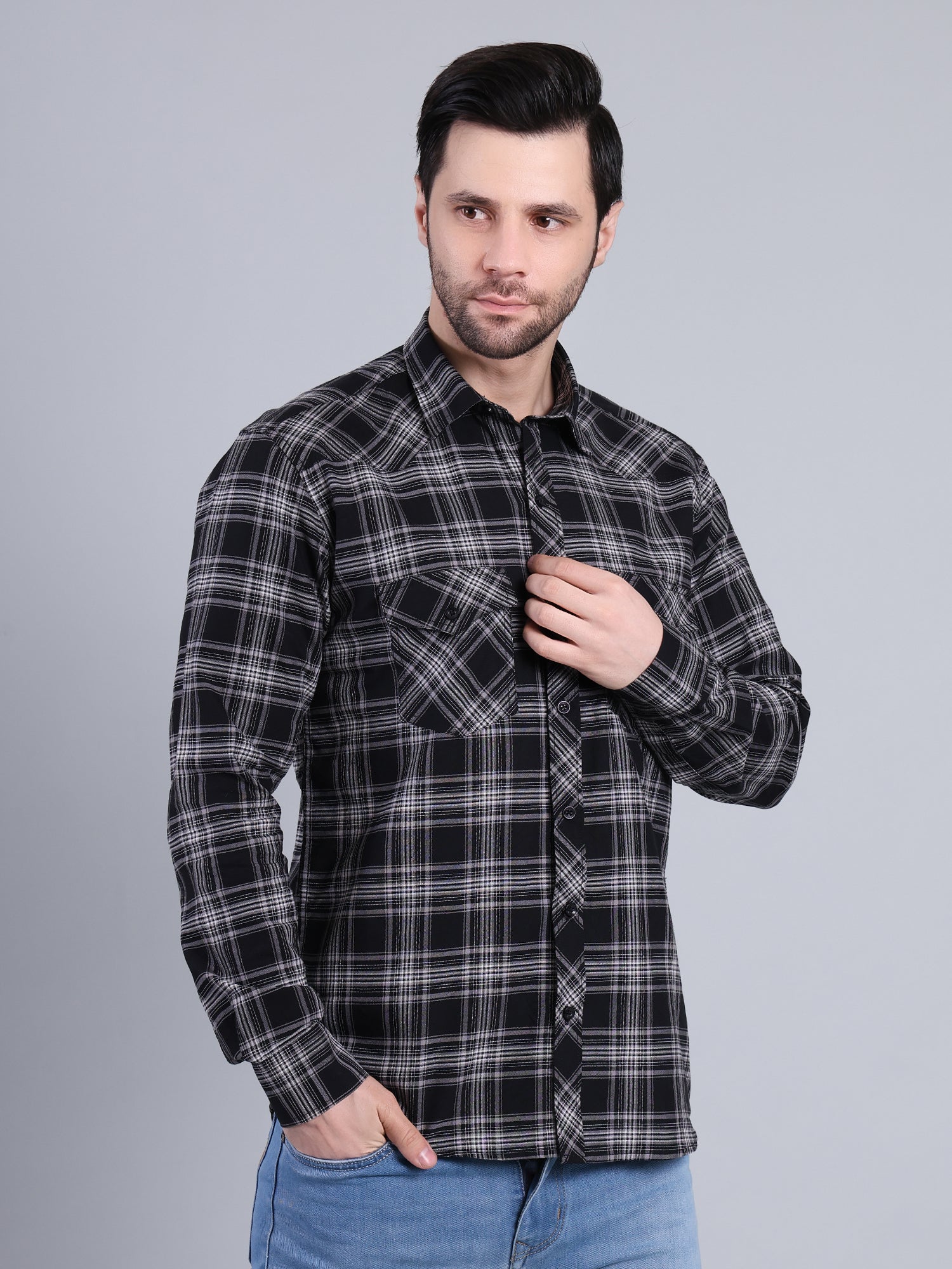Stylox Men's Regular Fit Double Chest Pocket Check Casual Shirt (Black)