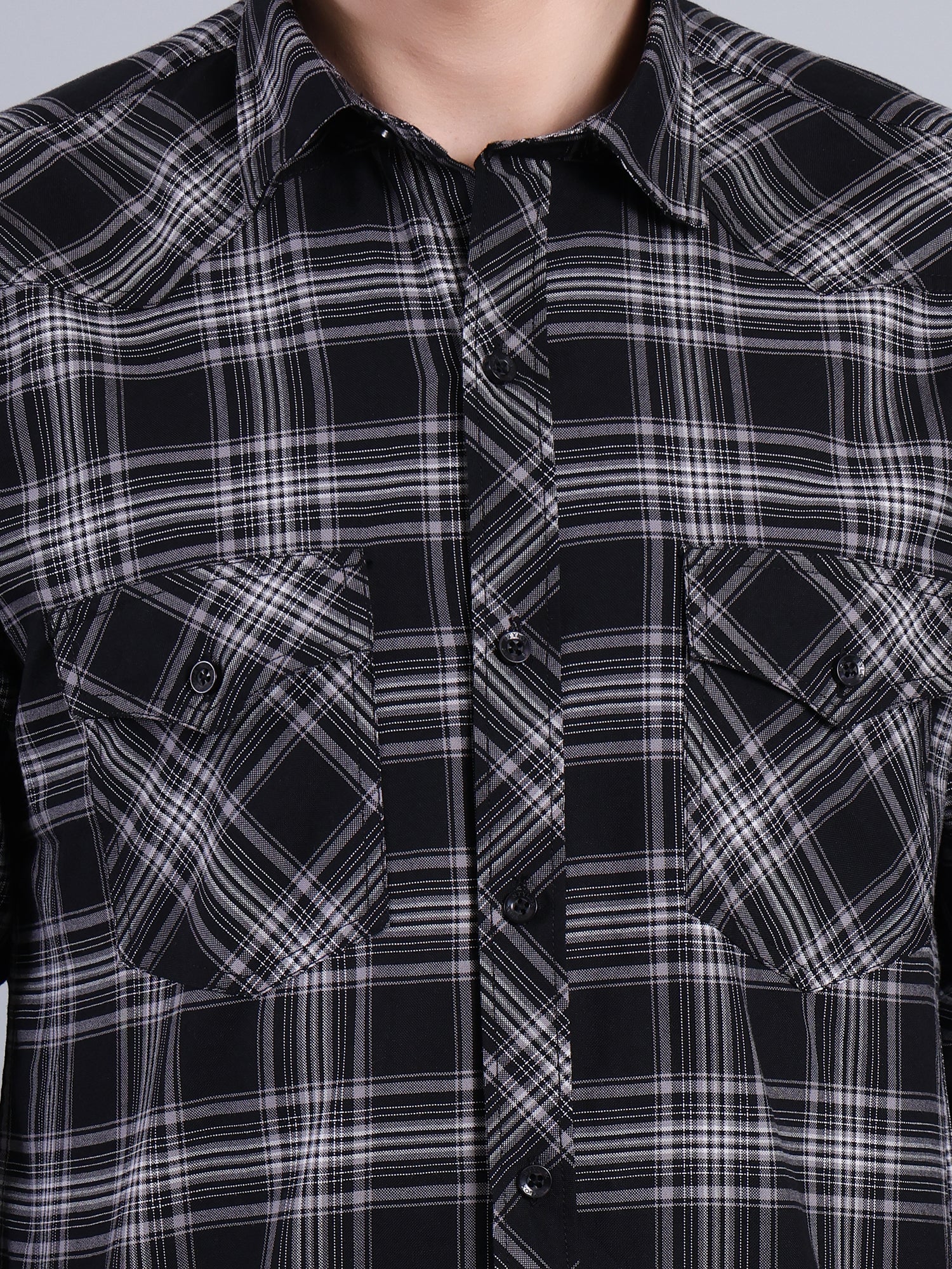 Stylox Men's Regular Fit Double Chest Pocket Check Casual Shirt (Black)