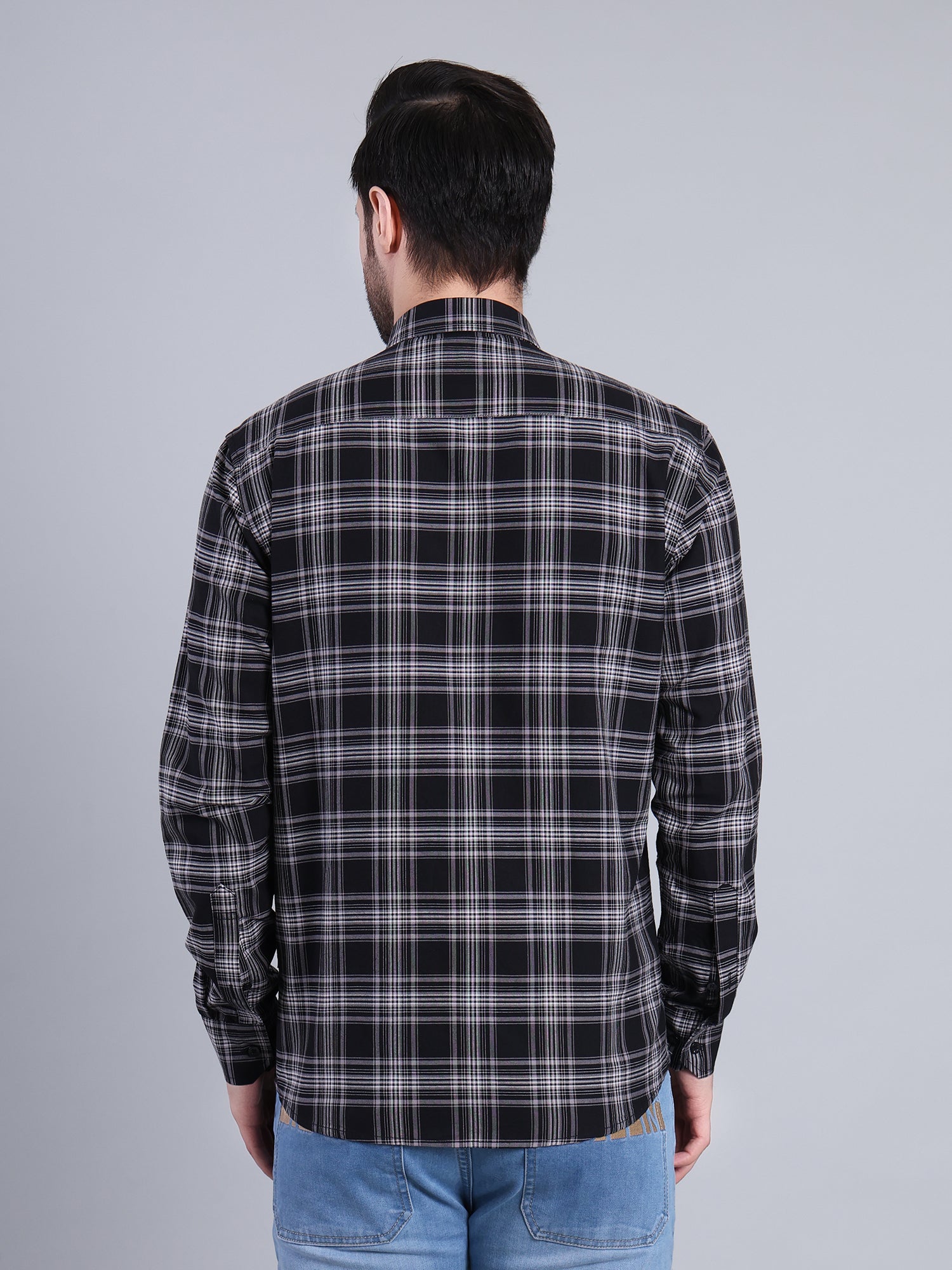Stylox Men's Regular Fit Double Chest Pocket Check Casual Shirt (Black)