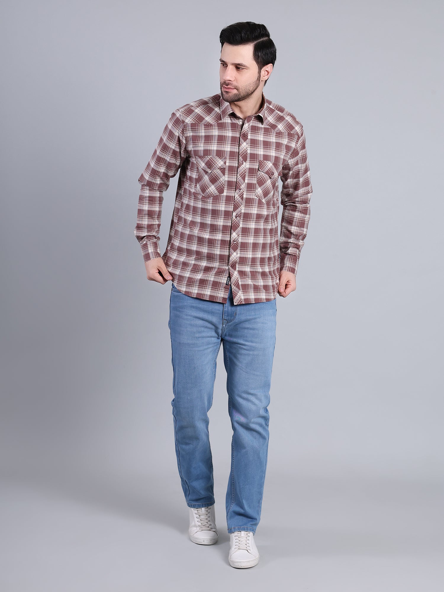 Stylox Men's Regular Fit Double Chest Pocket Check Casual Shirt (Brown)