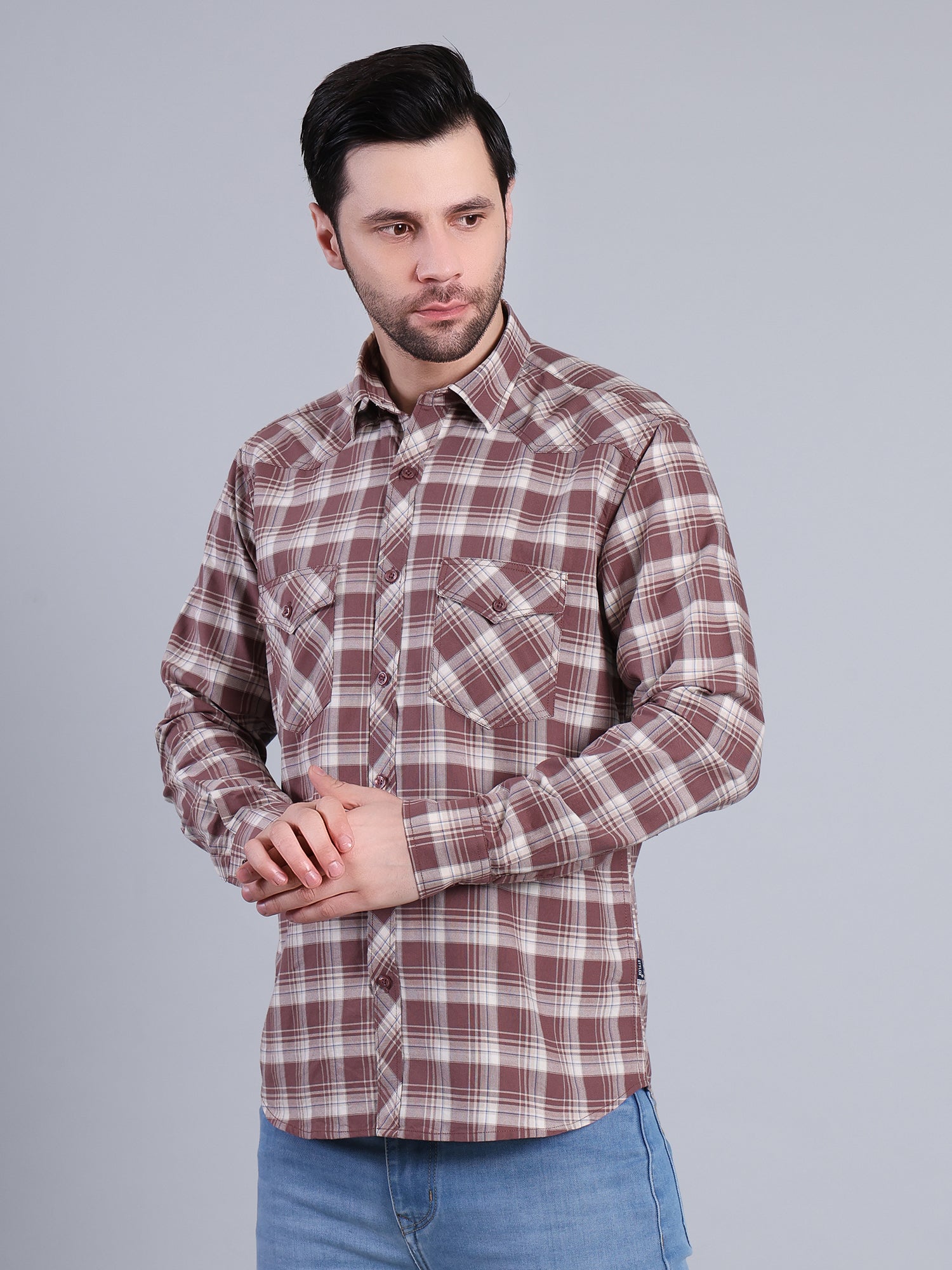 Stylox Men's Regular Fit Double Chest Pocket Check Casual Shirt (Brown)