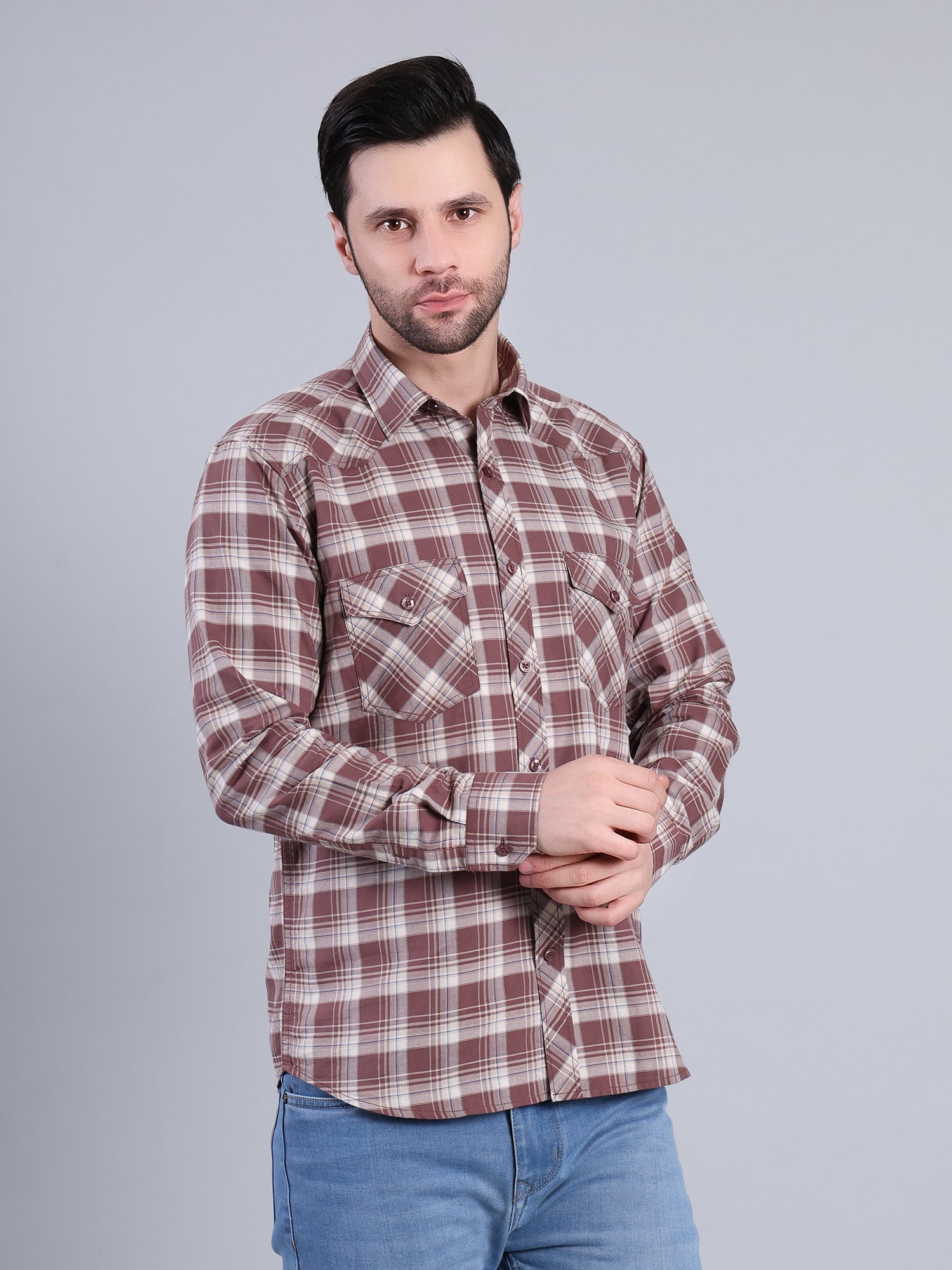 Stylox Men's Regular Fit Double Chest Pocket Check Casual Shirt (Brown)