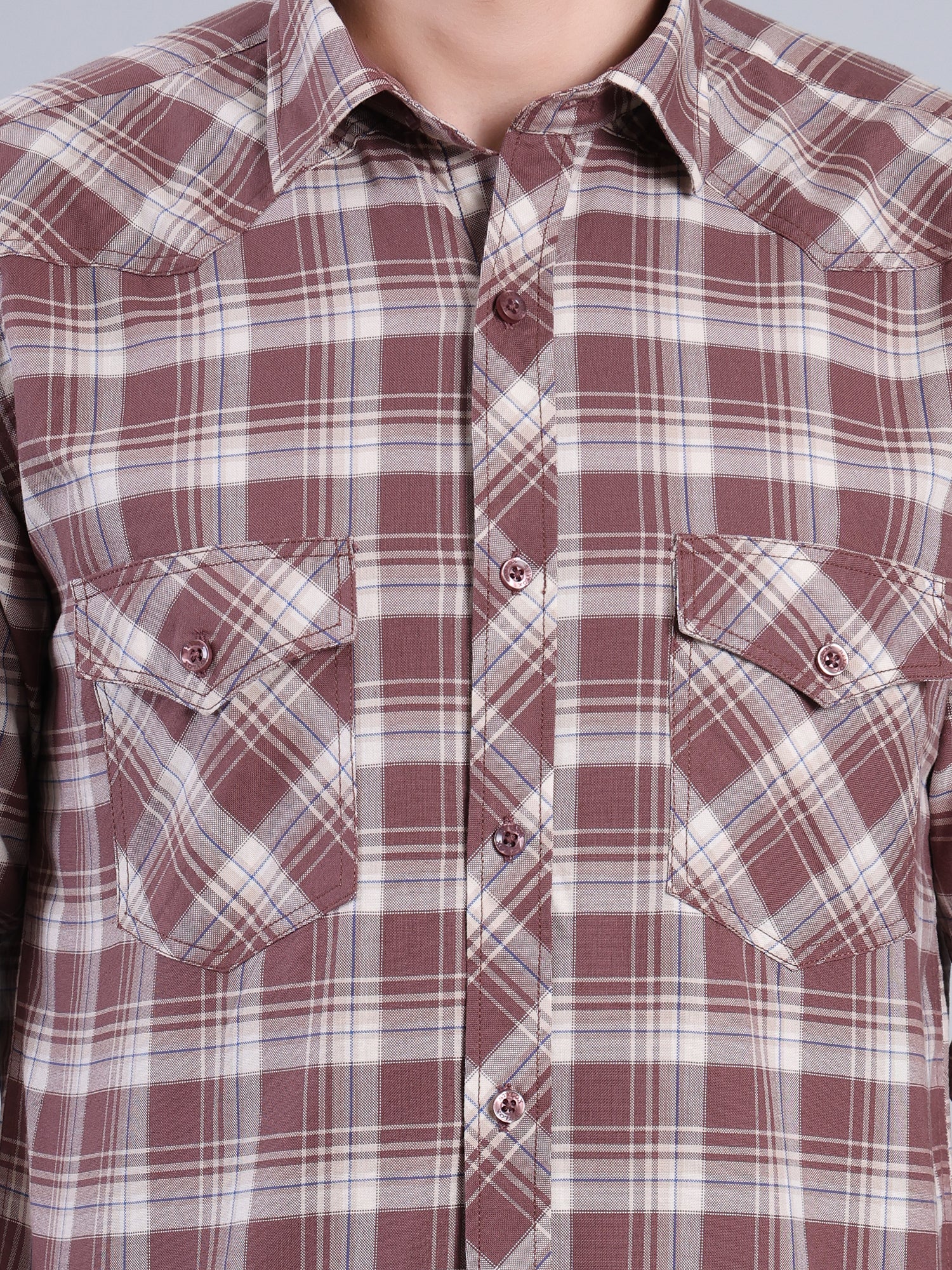 Stylox Men's Regular Fit Double Chest Pocket Check Casual Shirt (Brown)