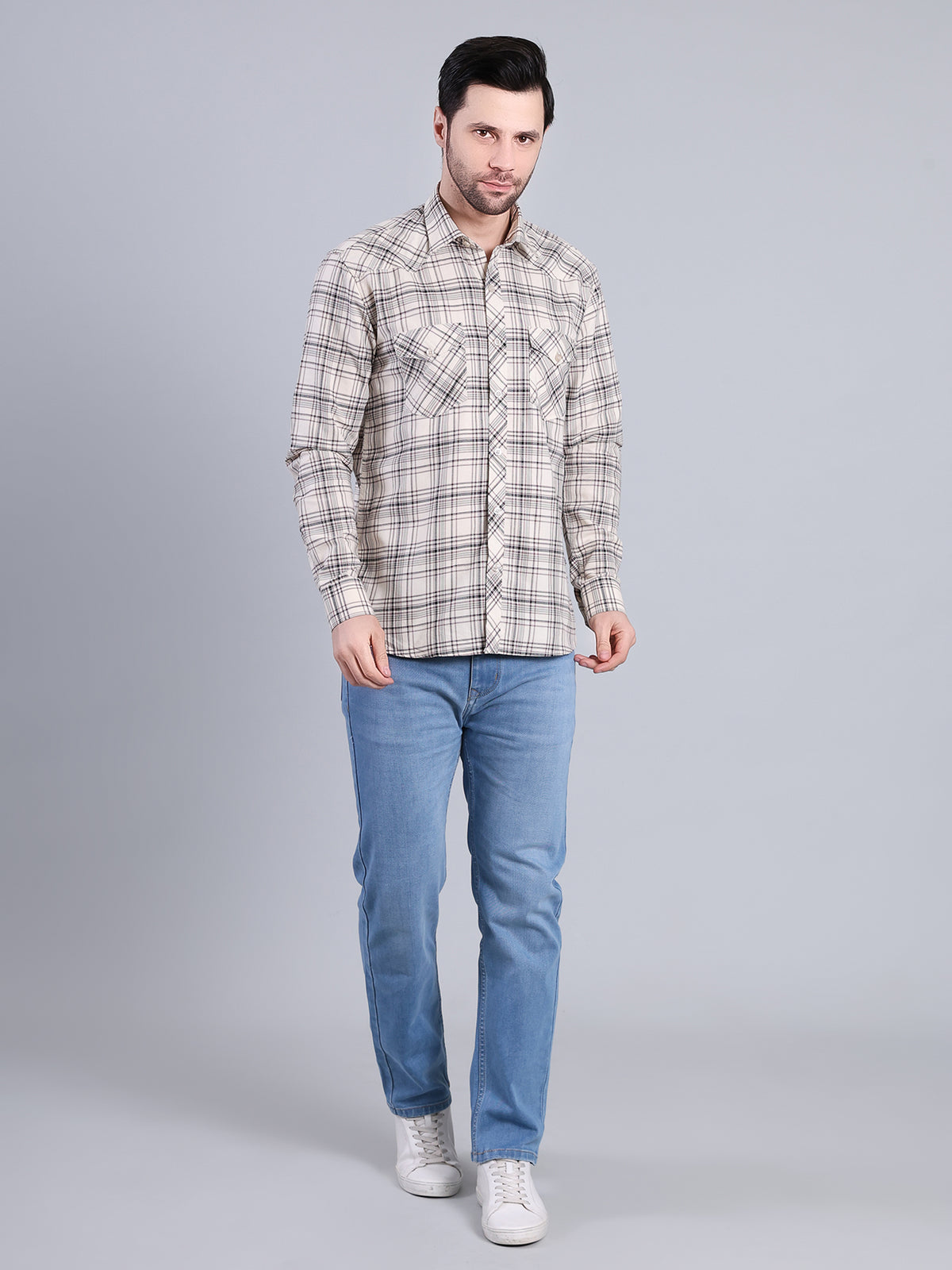 Stylox Men's Regular Fit Double Chest Pocket Check Casual Shirt (Off White)