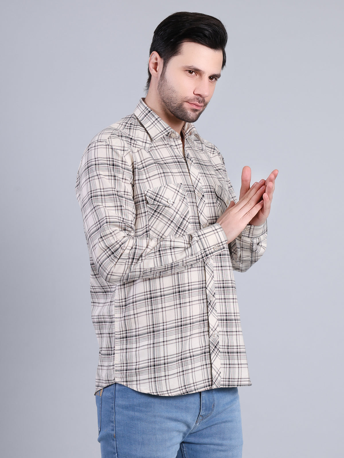 Stylox Men's Regular Fit Double Chest Pocket Check Casual Shirt (Off White)
