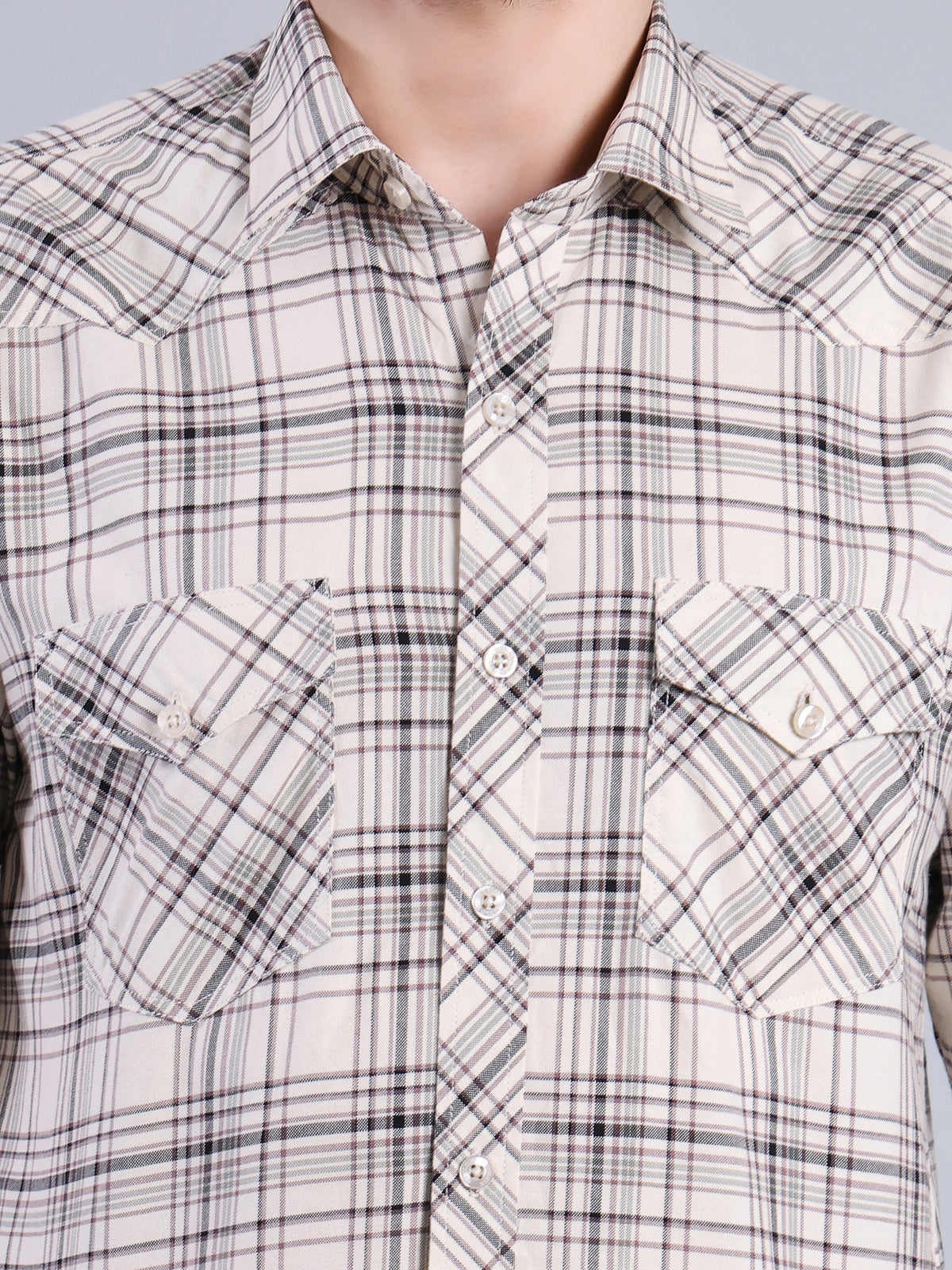 Stylox Men's Regular Fit Double Chest Pocket Check Casual Shirt (Off White)