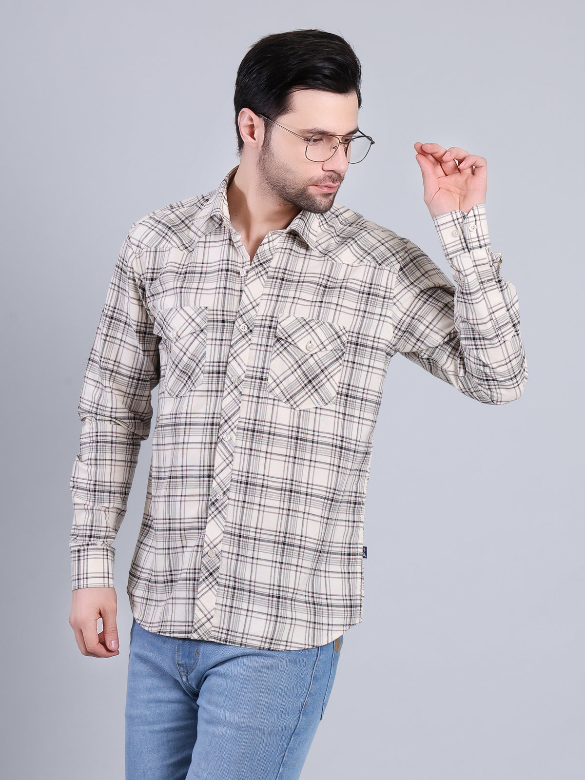 Stylox Men's Regular Fit Double Chest Pocket Check Casual Shirt (Off White)