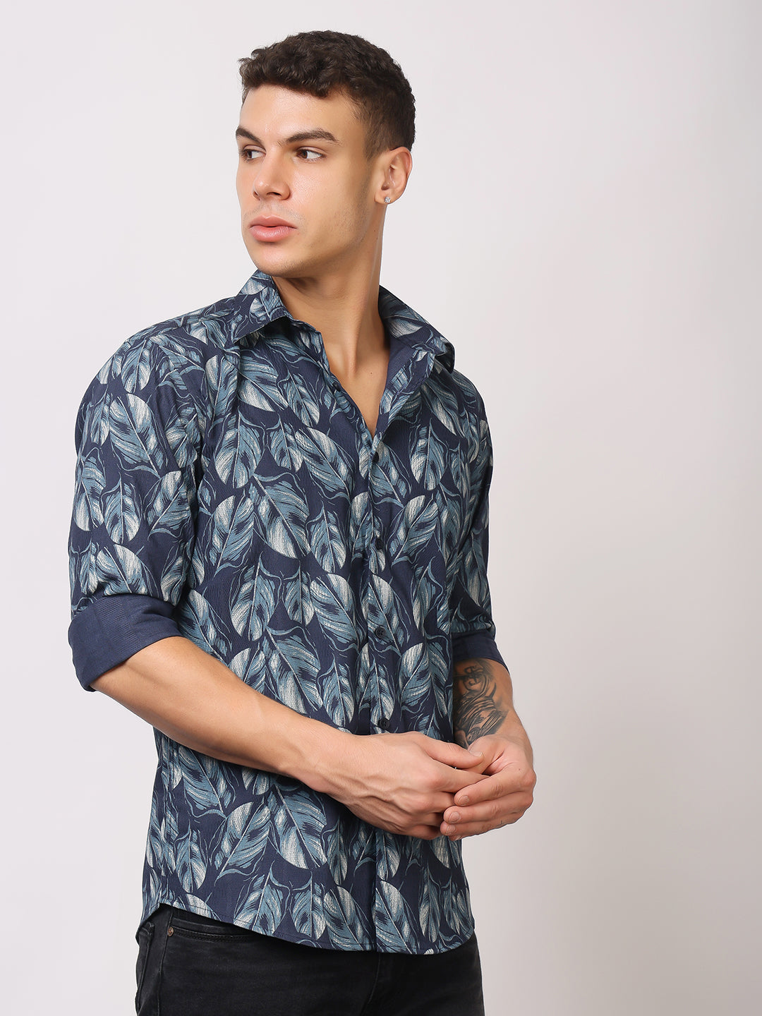 Stylox Men’s Leaf Print Full Sleeve Casual Slim Fit Button-Down Shirt - Stylox