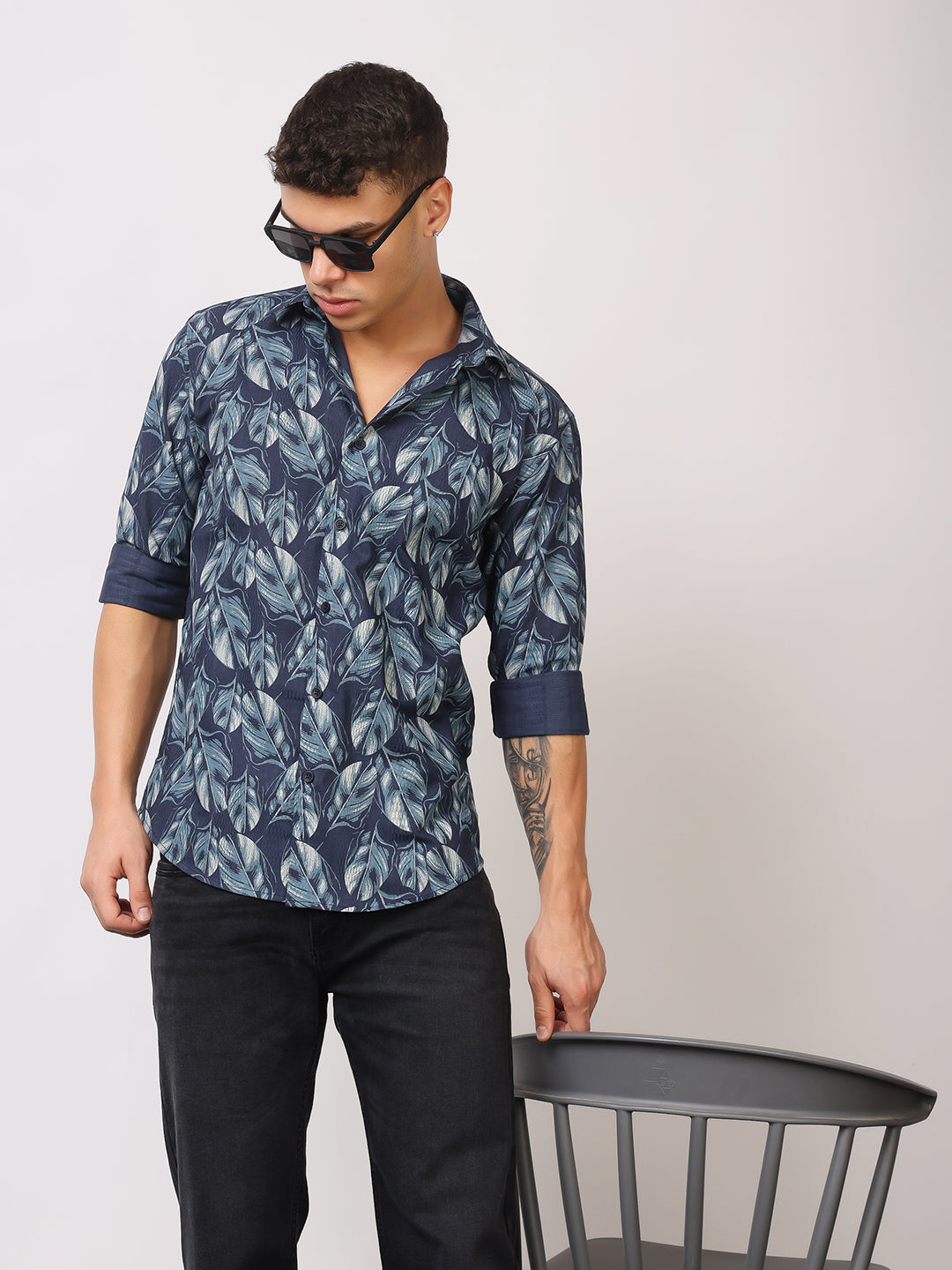 Stylox Men’s Leaf Print Full Sleeve Casual Slim Fit Button-Down Shirt - Stylox