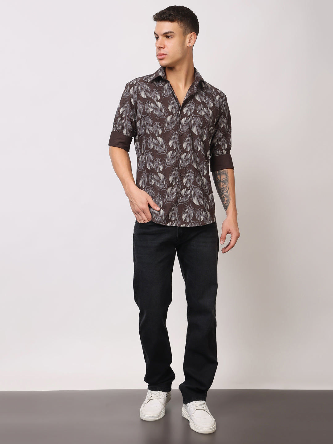 Stylox Men’s Leaf Print Full Sleeve Casual Slim Fit Button-Down Shirt - Stylox