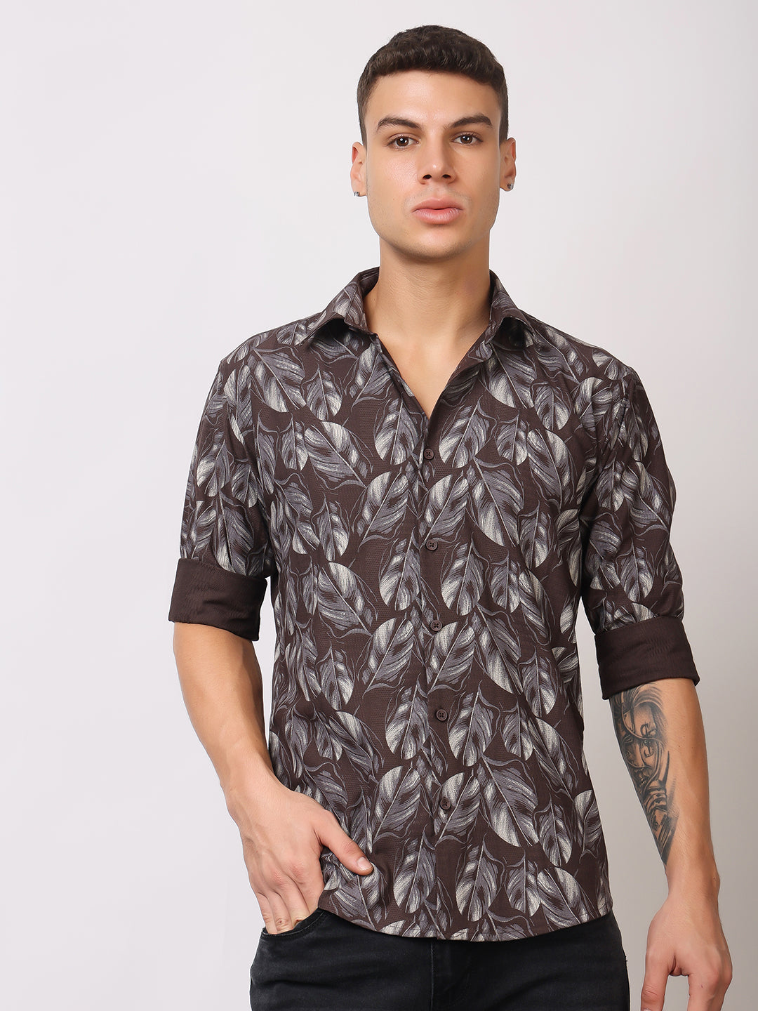 Stylox Men’s Leaf Print Full Sleeve Casual Slim Fit Button-Down Shirt - Stylox