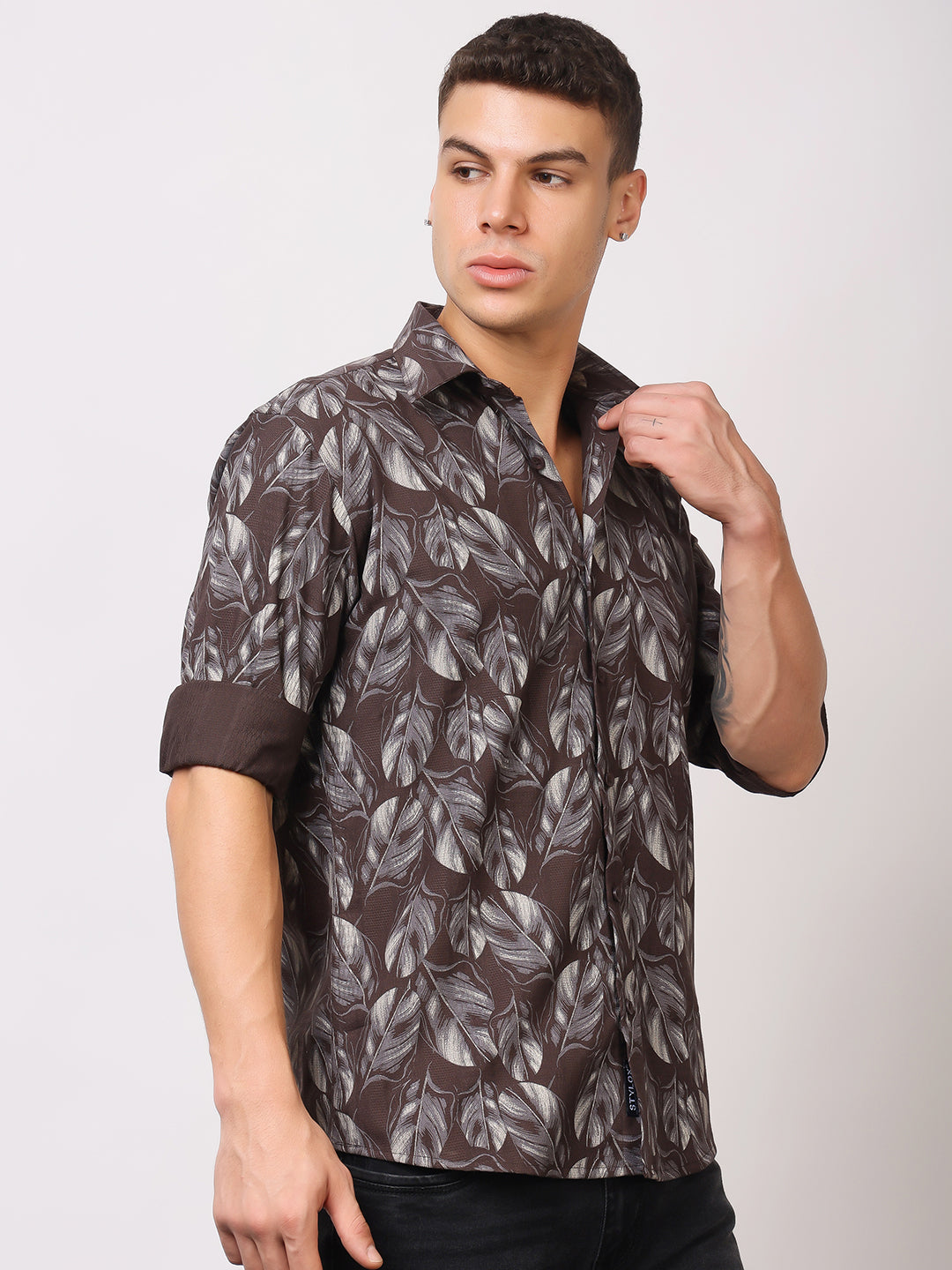 Stylox Men’s Leaf Print Full Sleeve Casual Slim Fit Button-Down Shirt - Stylox