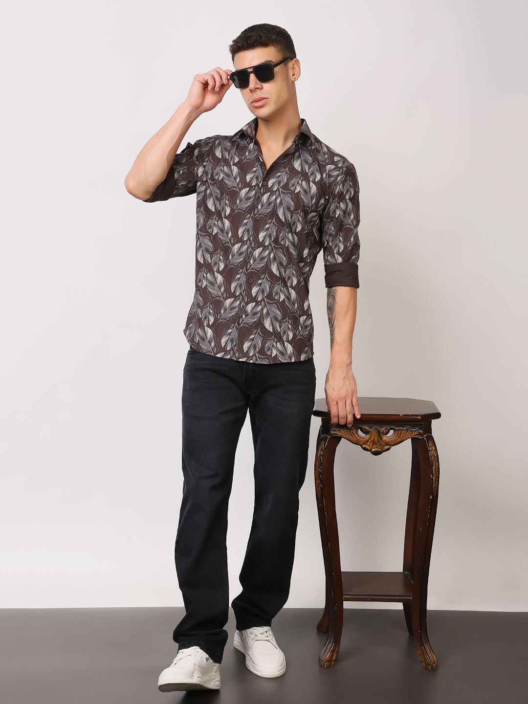 Stylox Men’s Leaf Print Full Sleeve Casual Slim Fit Button-Down Shirt - Stylox