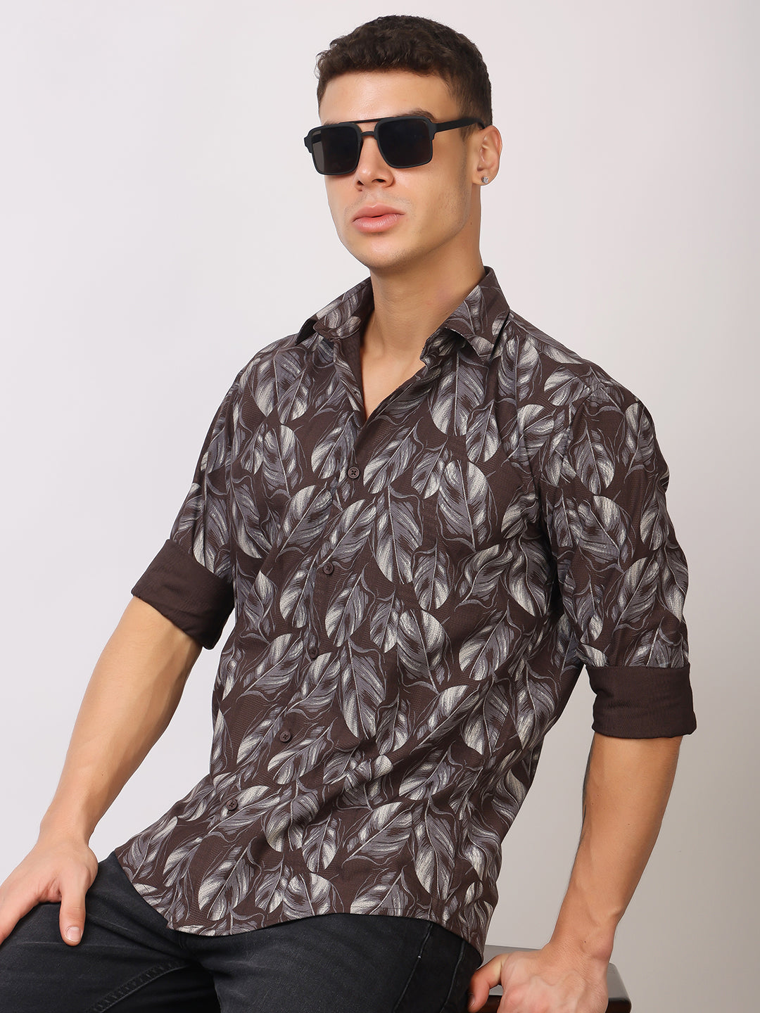 Stylox Men’s Leaf Print Full Sleeve Casual Slim Fit Button-Down Shirt - Stylox